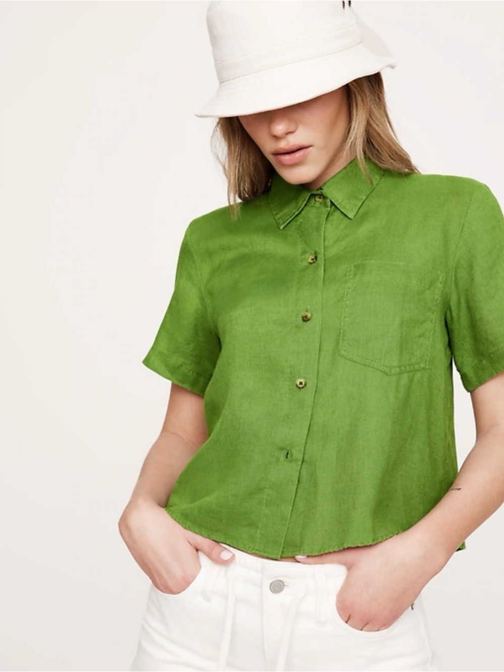 Banana Republic 100% Linen Short Sleeve Button Down Shirt Scenic Trail Green XL